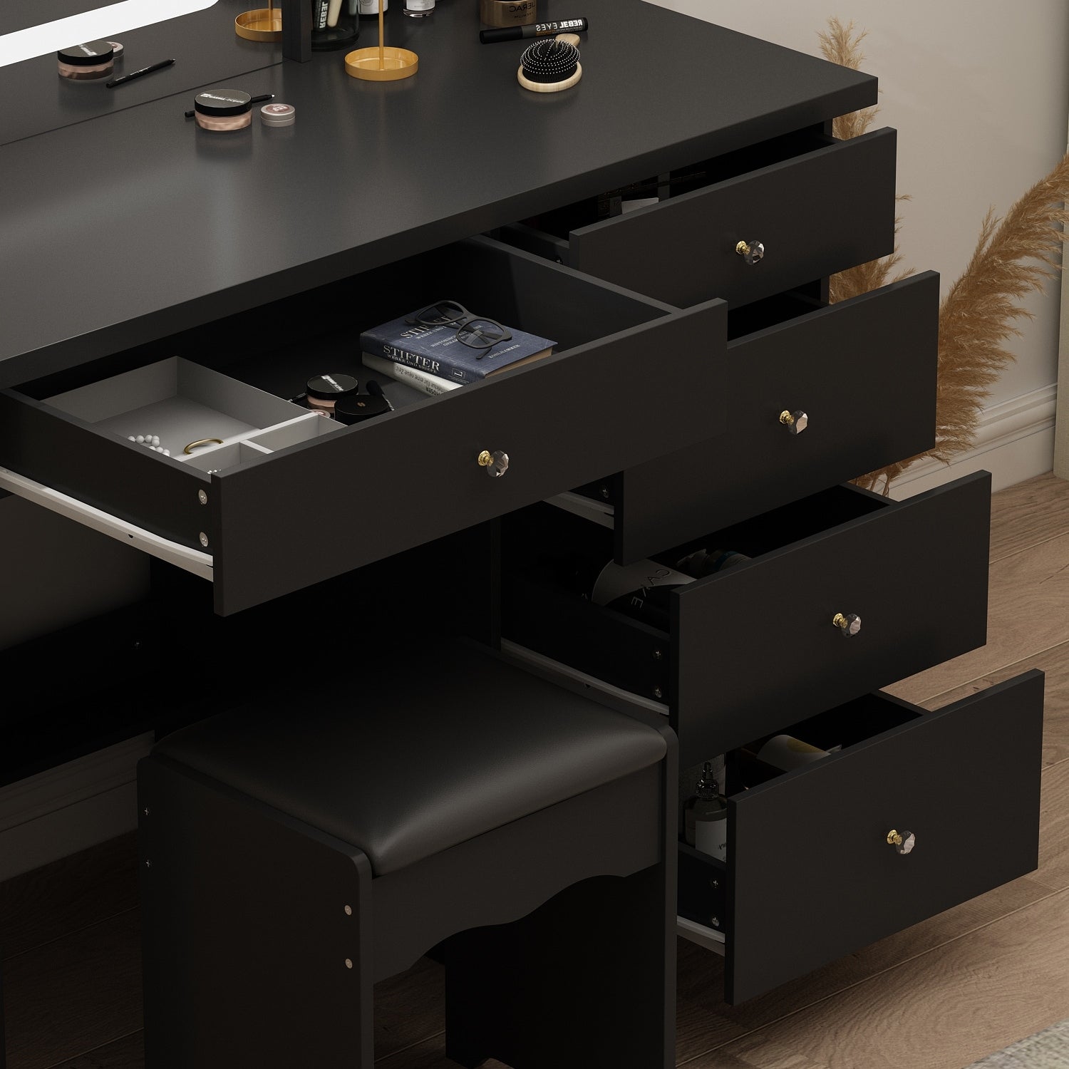 Ensemble de coiffeuse de maquillage Kerrogee avec miroir éclairé réglable et tabouret - 39,4L x 19,7l x 53,5H