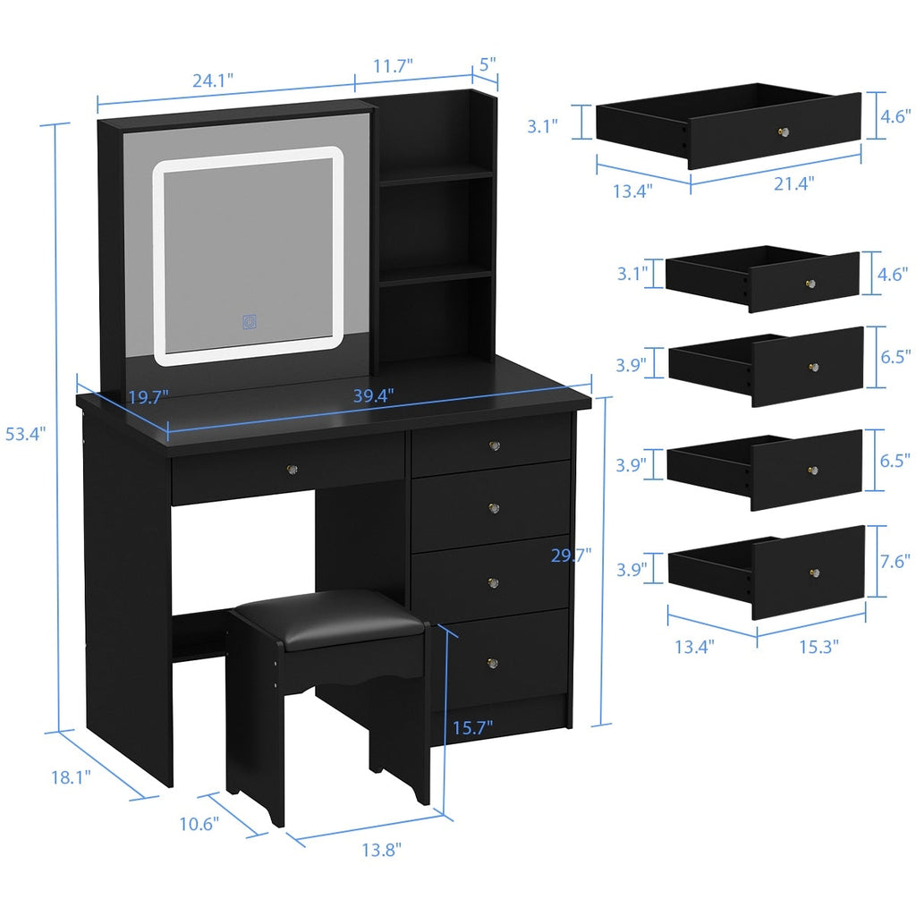 Ensemble de coiffeuse de maquillage Kerrogee avec miroir éclairé réglable et tabouret - 39,4L x 19,7l x 53,5H
