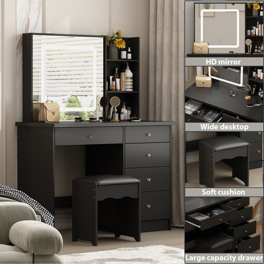 Ensemble de coiffeuse de maquillage Kerrogee avec miroir éclairé réglable et tabouret - 39,4L x 19,7l x 53,5H