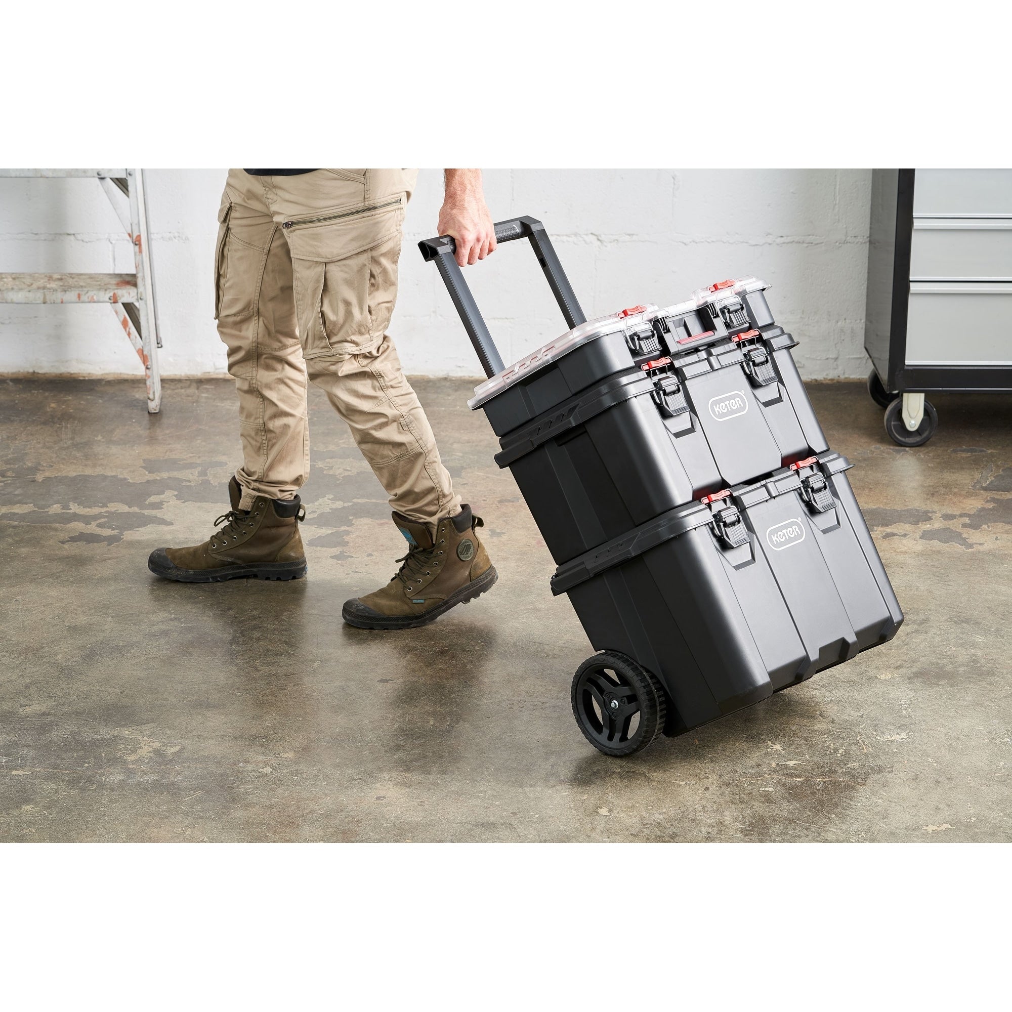 Keter Stack-n-Roll, système de rangement et d'organisation d'outils mobile 3 pièces, coffre à outils modulaire en résine durable