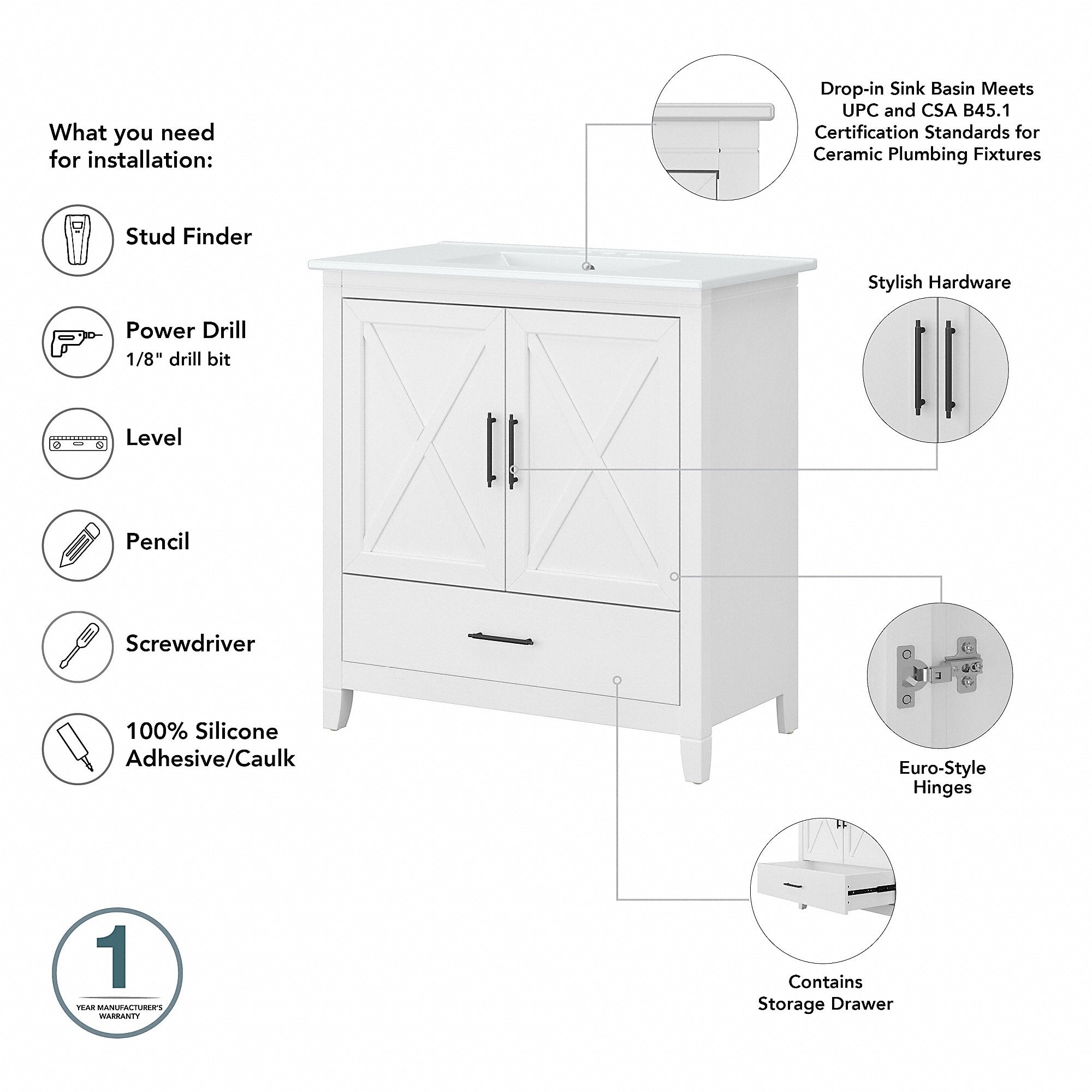 Meuble-lavabo de salle de bain Key West 32W avec lavabo de Bush Furniture