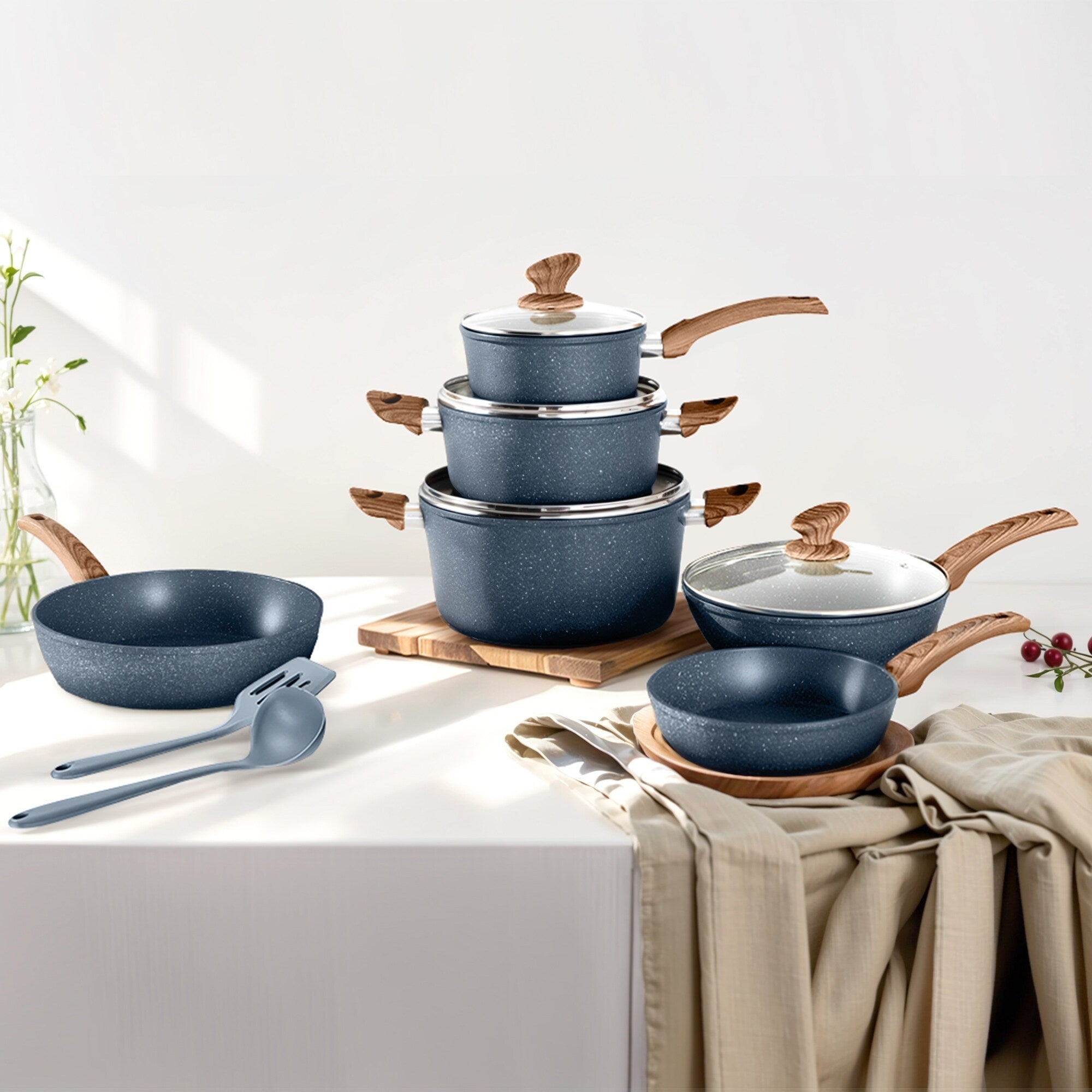 Ensemble de casseroles et poêles antiadhésives, ensemble de cuisine en granit, 12 pièces.