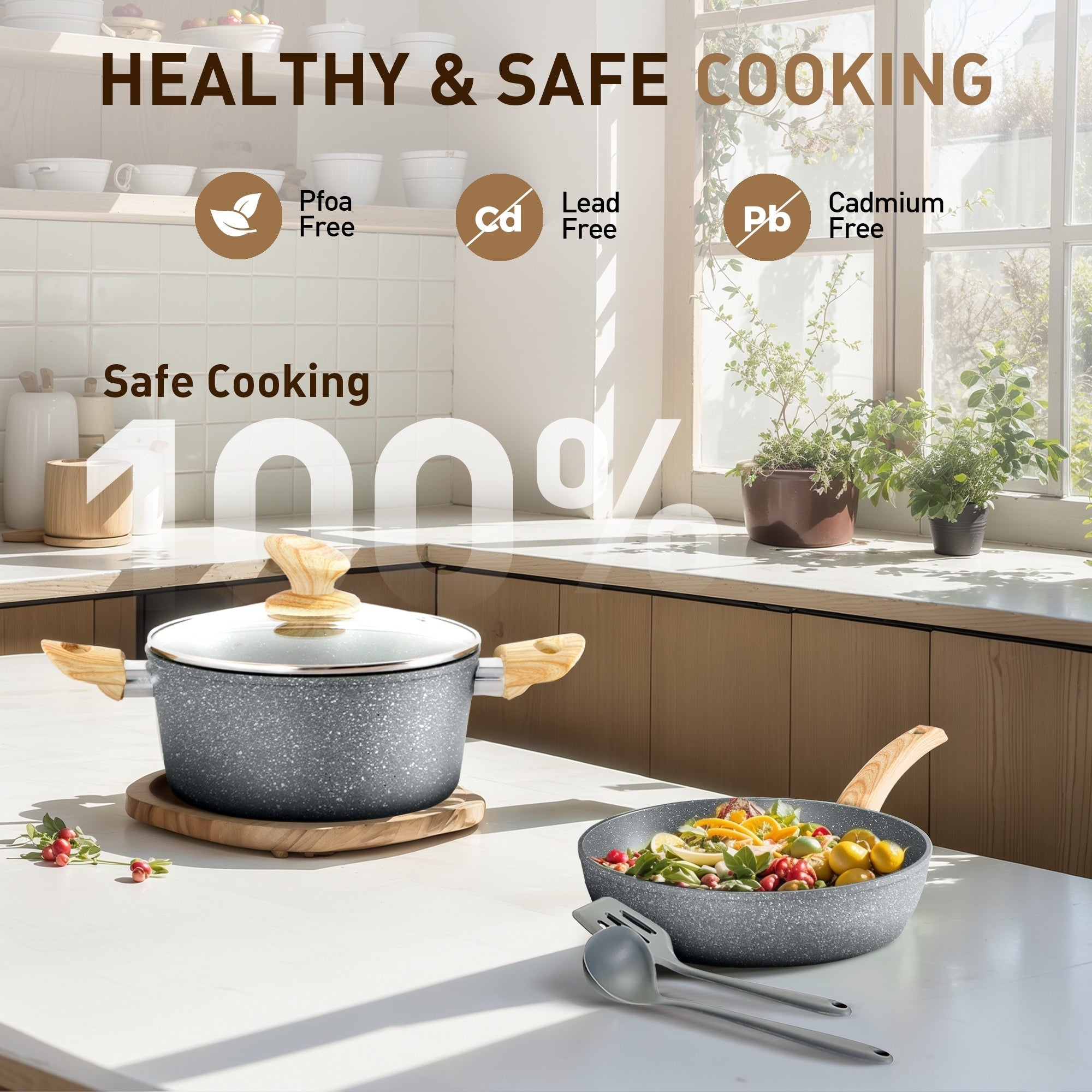 Ensemble de casseroles et poêles antiadhésives, ensemble de cuisine en granit, 12 pièces.