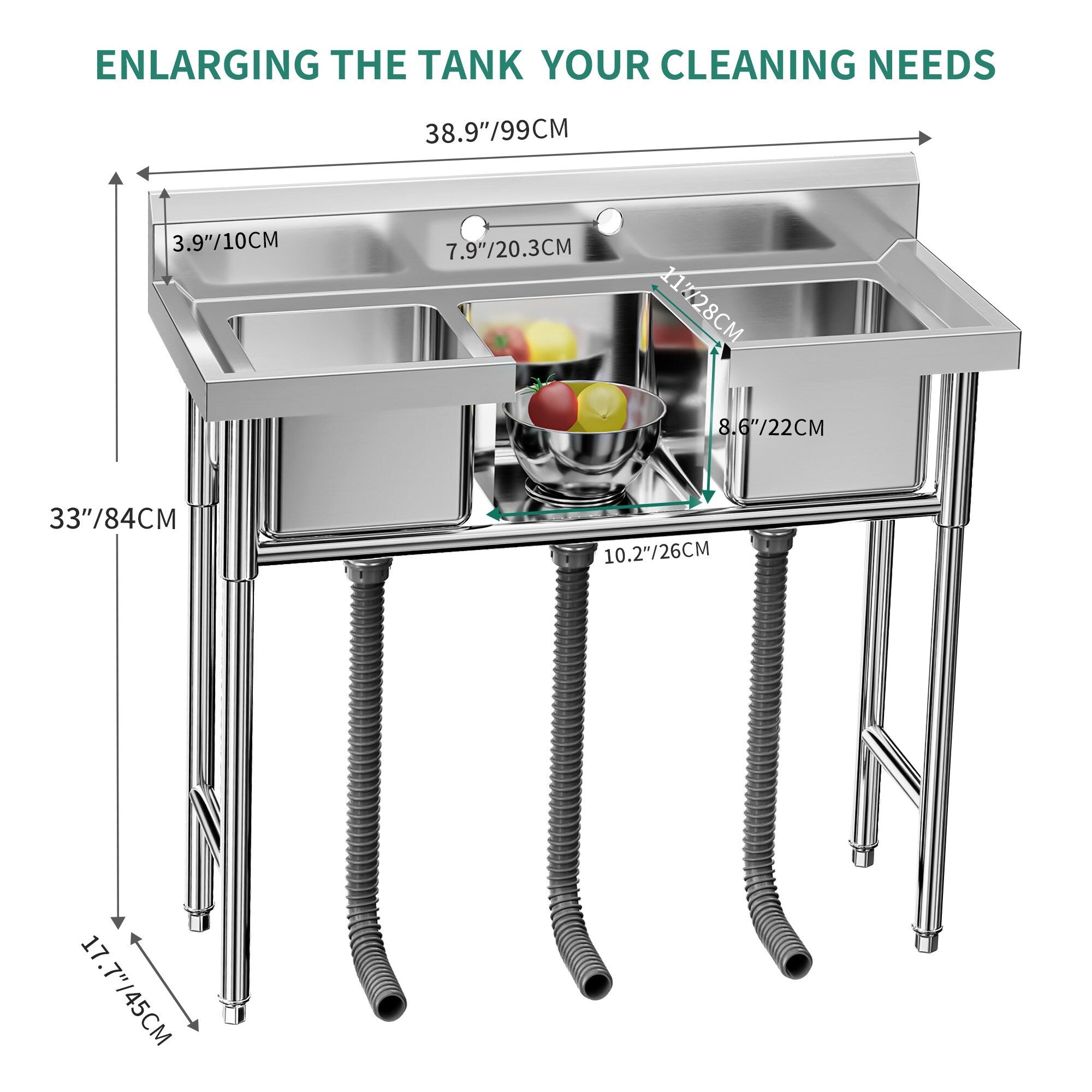 Évier de cuisine en acier inoxydable, cuve à compartiments, évier commercial autoportant