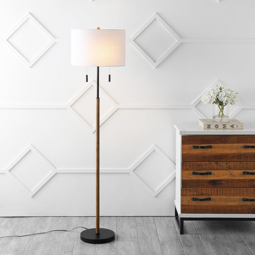 Koda 61 Lampe de sol à LED en fer forgé style rustique, avec abat-jour en forme de bougeoir et cordon à tirer, finition bois brun/noir par JONATHAN Y