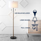 Koda 61 Lampe de sol à LED en fer forgé style rustique, avec abat-jour en forme de bougeoir et cordon à tirer, finition bois brun/noir par JONATHAN Y