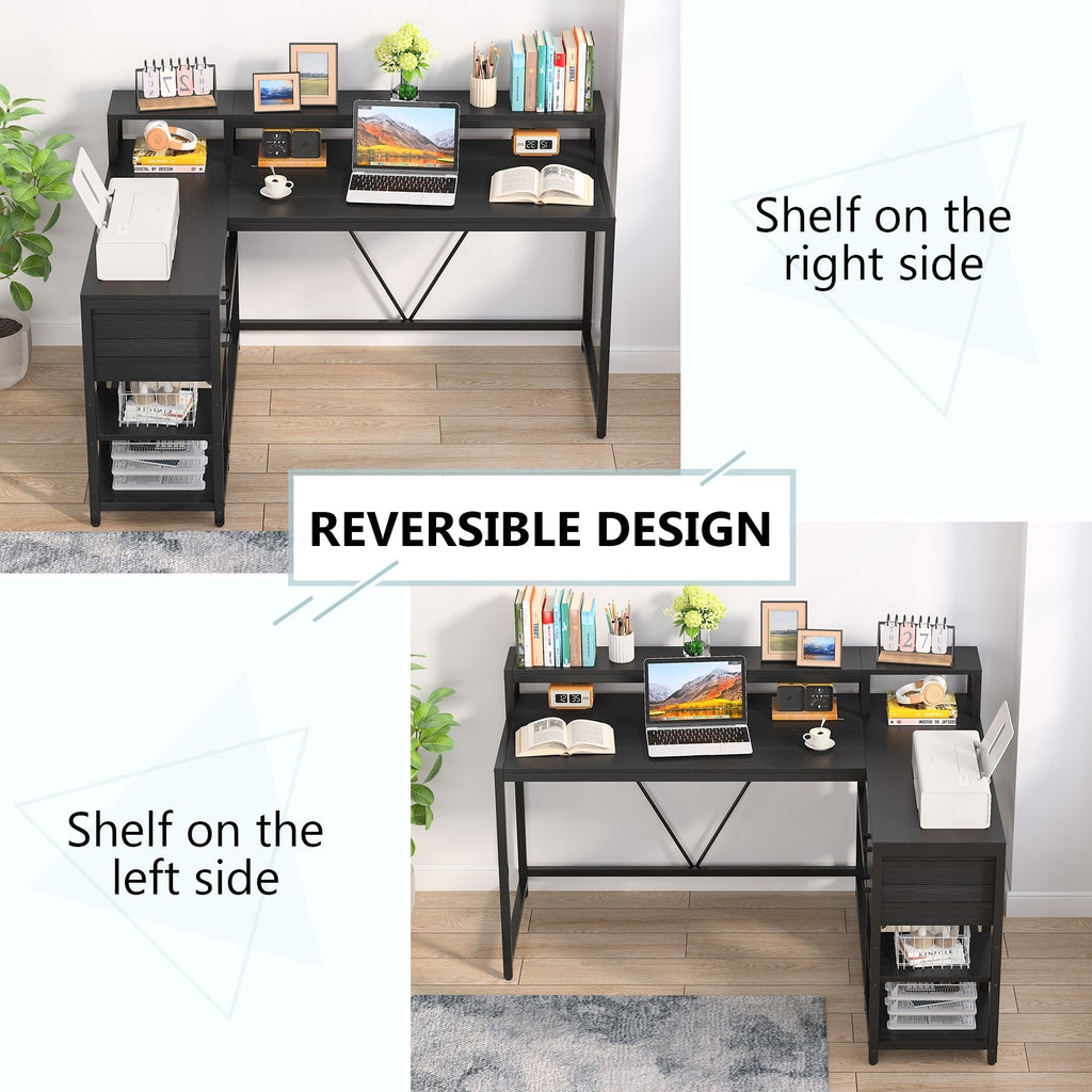 Bureau en forme de L avec tiroir, bureau d'angle pour le travail à domicile avec étagères de rangement et support pour écran, bureau d'ordinateur rustique pour petit espace.