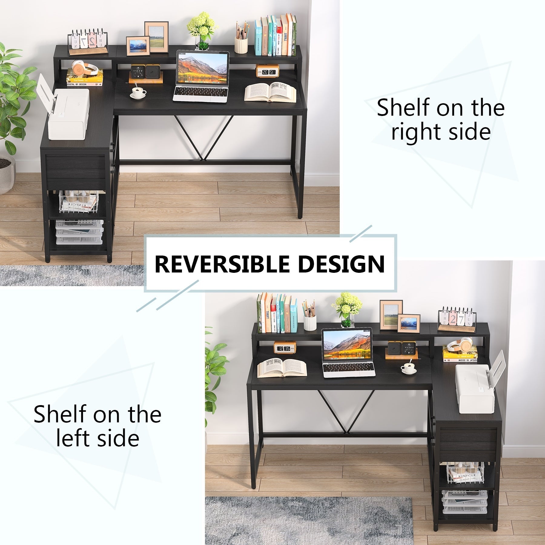 Bureau en forme de L avec tiroir, bureau d'angle pour le travail à domicile avec étagères de rangement et support pour écran, bureau d'ordinateur rustique pour petit espace.