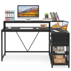 Bureau en forme de L avec tiroir, bureau d'angle pour le travail à domicile avec étagères de rangement et support pour écran, bureau d'ordinateur rustique pour petit espace.
