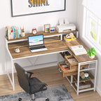 Bureau en forme de L avec tiroir, bureau d'angle pour le travail à domicile avec étagères de rangement et support pour écran, bureau d'ordinateur rustique pour petit espace.