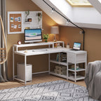Bureau en forme de L avec tiroir, bureau d'angle pour le travail à domicile avec étagères de rangement et support pour écran, bureau d'ordinateur rustique pour petit espace.