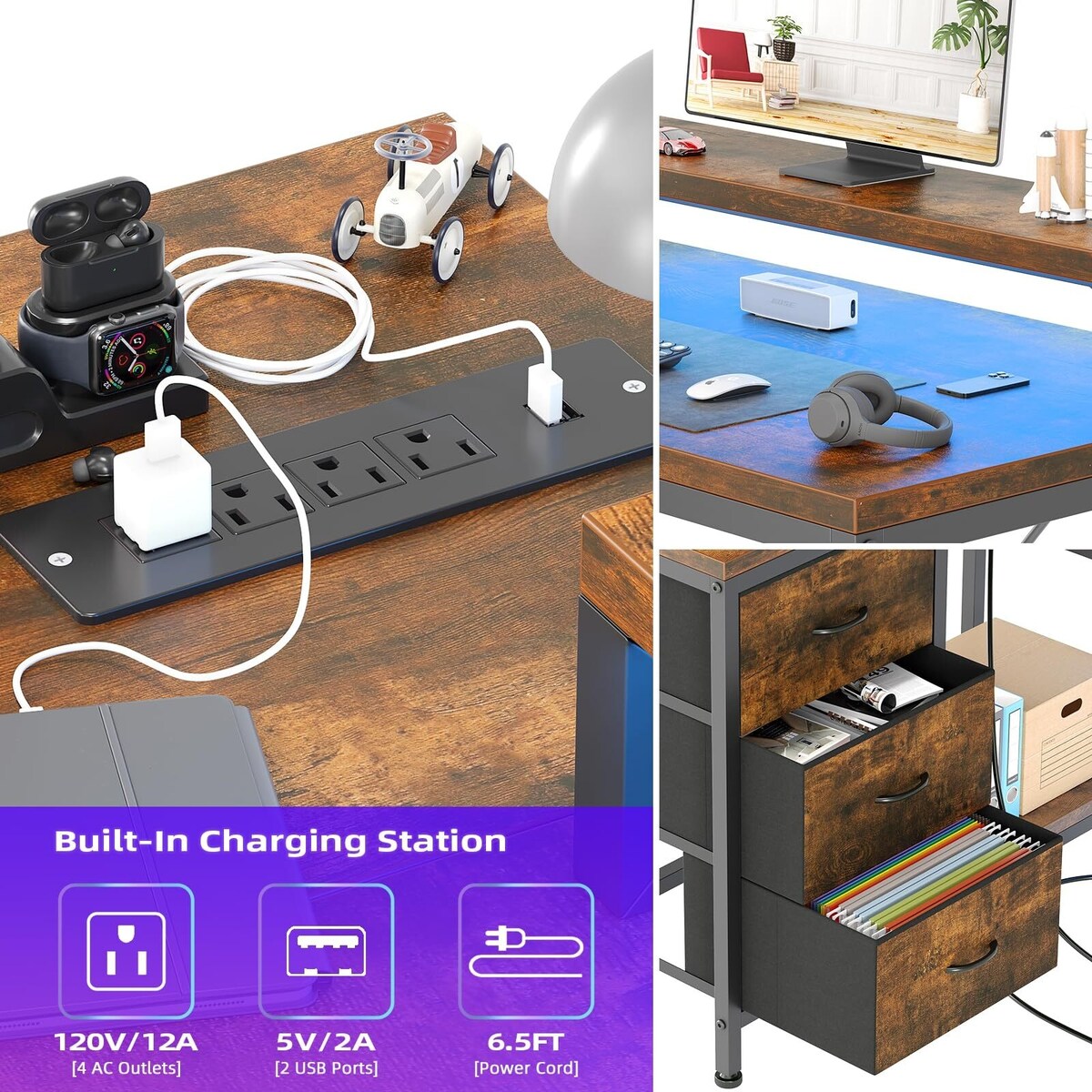 Bureau en forme de L avec prises électriques et lumières LED