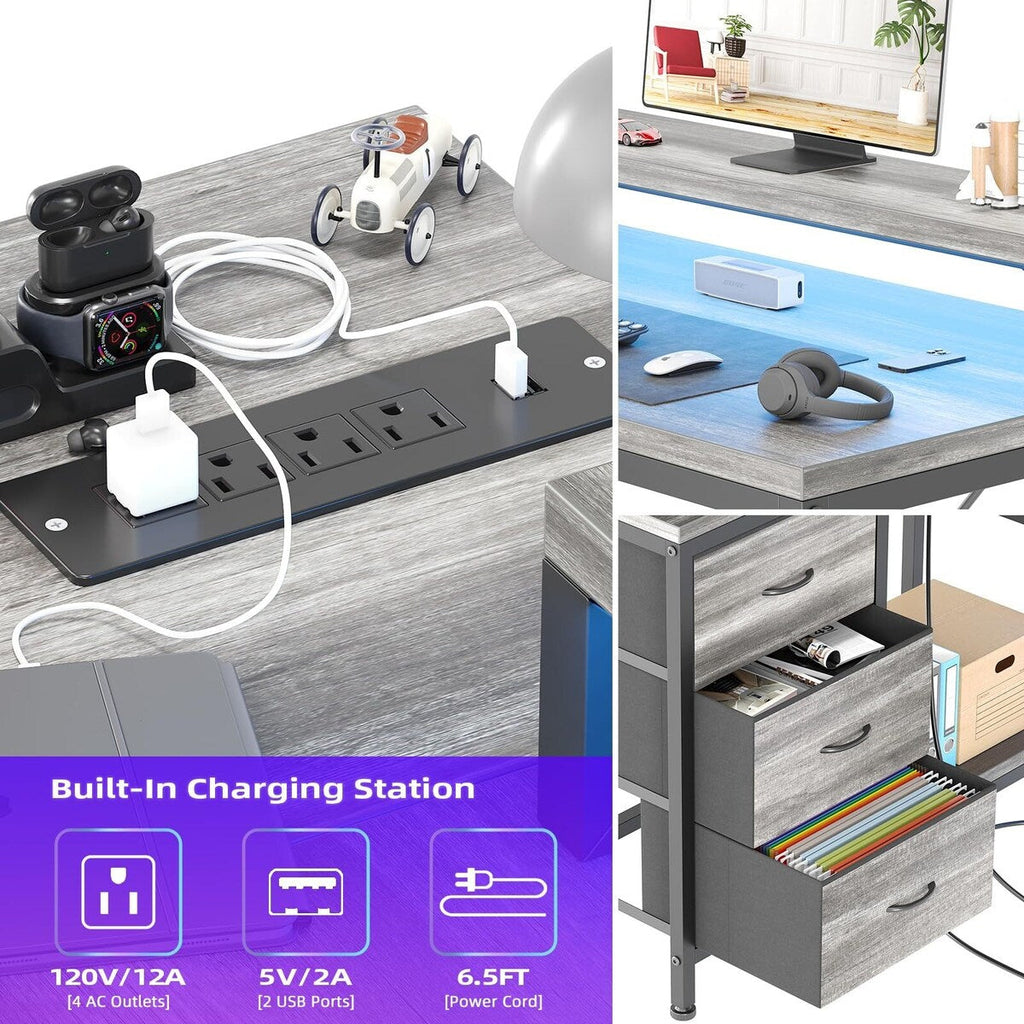 Bureau en forme de L avec prises électriques et lumières LED