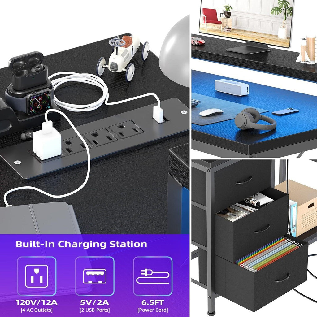 Bureau en forme de L avec prises électriques et lumières LED