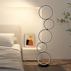 Lampe de sol moderne à LED, dimmable, à 3 intensités lumineuses, avec 5 anneaux, pour coin salon.
