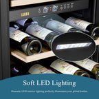 Lanbo Cave à vin autoportante à double zone de 20 pouces pouvant contenir 64 bouteilles, avec porte vitrée à cadre en acier inoxydable et deux serrures de sécurité.