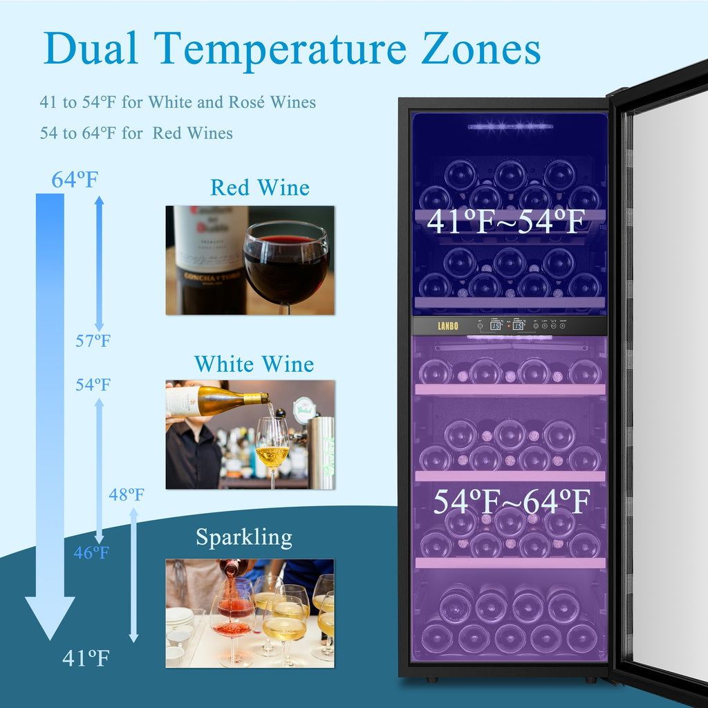 Lanbo Cave à vin autoportante à double zone de 20 pouces pouvant contenir 64 bouteilles, avec porte vitrée à cadre en acier inoxydable et deux serrures de sécurité.
