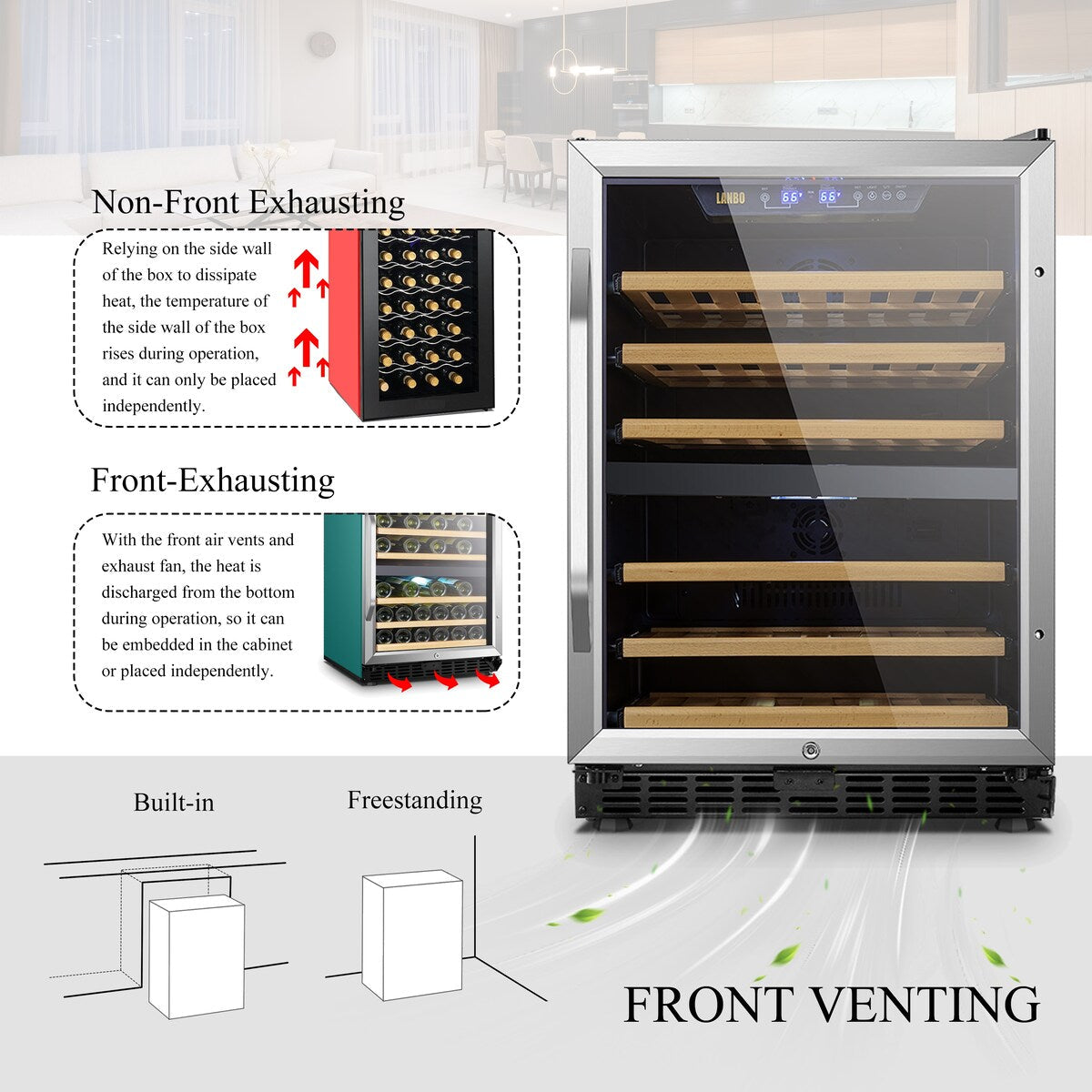 Lanbo Cave à vin intégrée à double zone de refroidissement, 24 pouces, 44 bouteilles