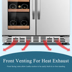 Lanbo Réfrigérateur à vin et à boissons de 24 pouces à double zone, pouvant contenir 18 bouteilles de vin et 55 canettes, en acier inoxydable et verre avec porte à ouverture française.