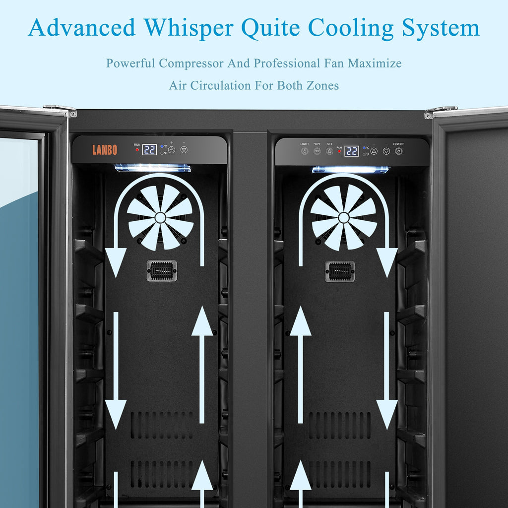 Lanbo Réfrigérateur à vin et à boissons de 24 pouces à double zone, pouvant contenir 18 bouteilles de vin et 55 canettes, en acier inoxydable et verre avec porte à ouverture française.