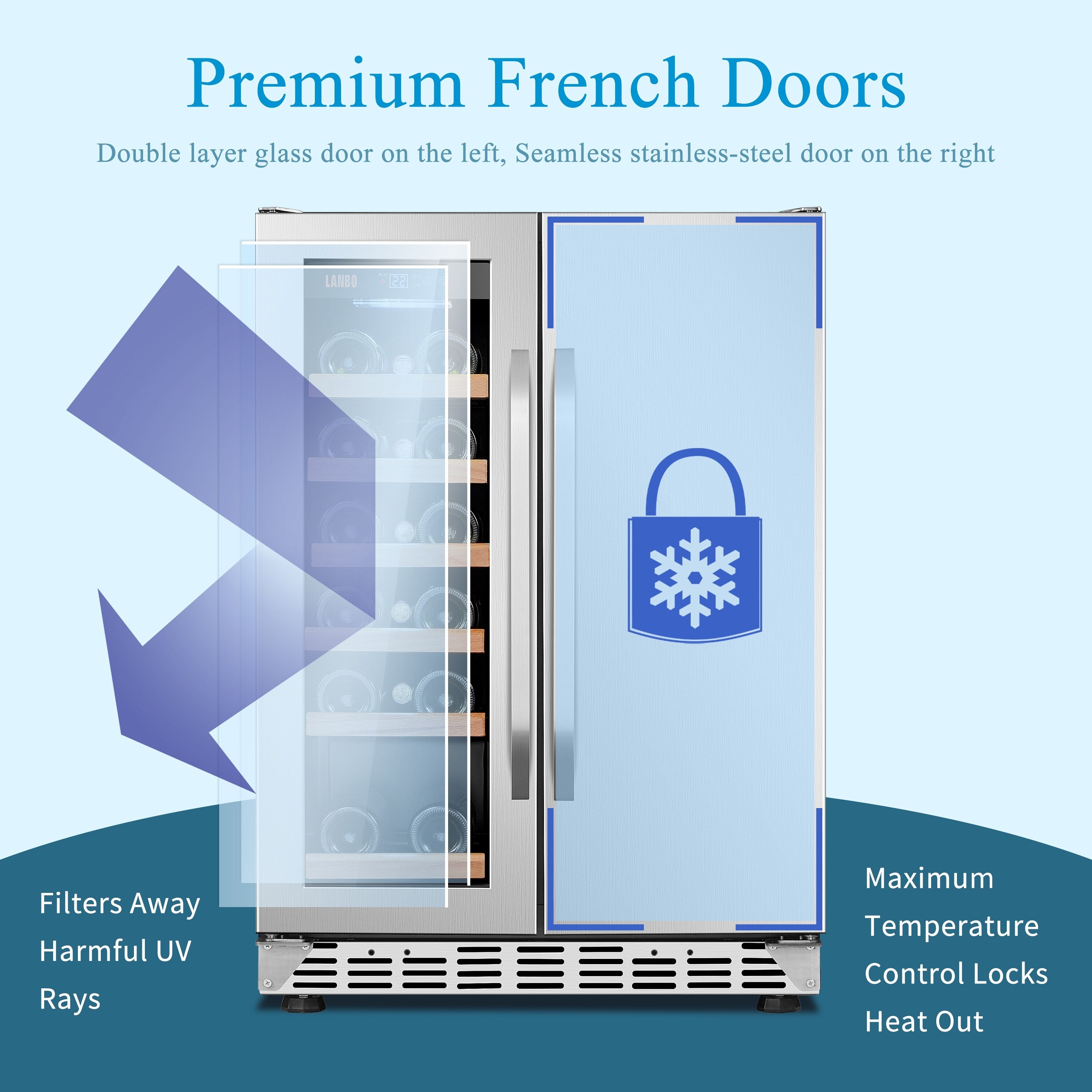 Lanbo Réfrigérateur à vin et à boissons de 24 pouces à double zone, pouvant contenir 18 bouteilles de vin et 55 canettes, en acier inoxydable et verre avec porte à ouverture française.