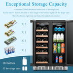 Lanbo Réfrigérateur à vin et à boissons de 24 pouces à double zone, pouvant contenir 18 bouteilles de vin et 55 canettes, en acier inoxydable et verre avec porte à ouverture française.