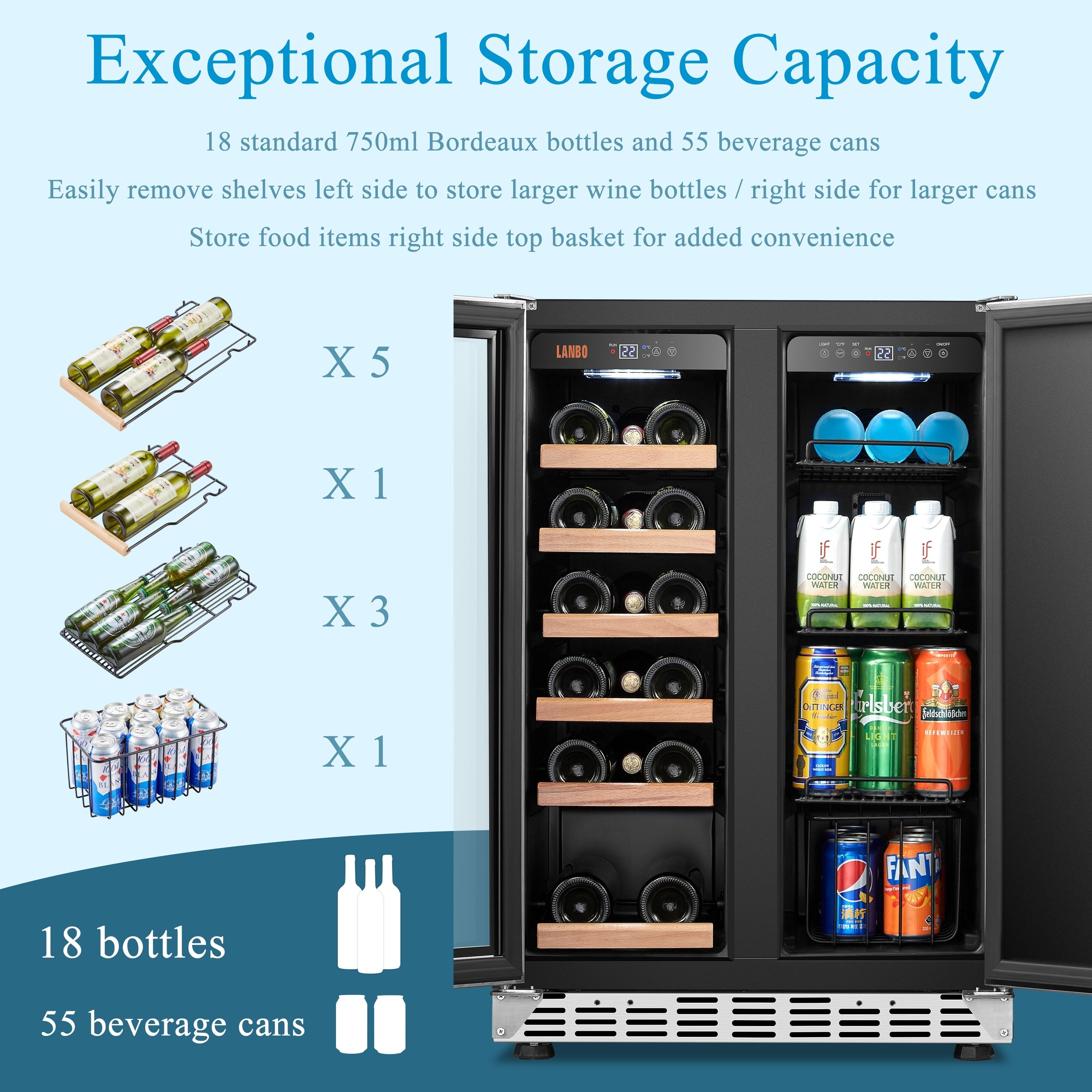 Lanbo Réfrigérateur à vin et à boissons de 24 pouces à double zone, pouvant contenir 18 bouteilles de vin et 55 canettes, en acier inoxydable et verre avec porte à ouverture française.