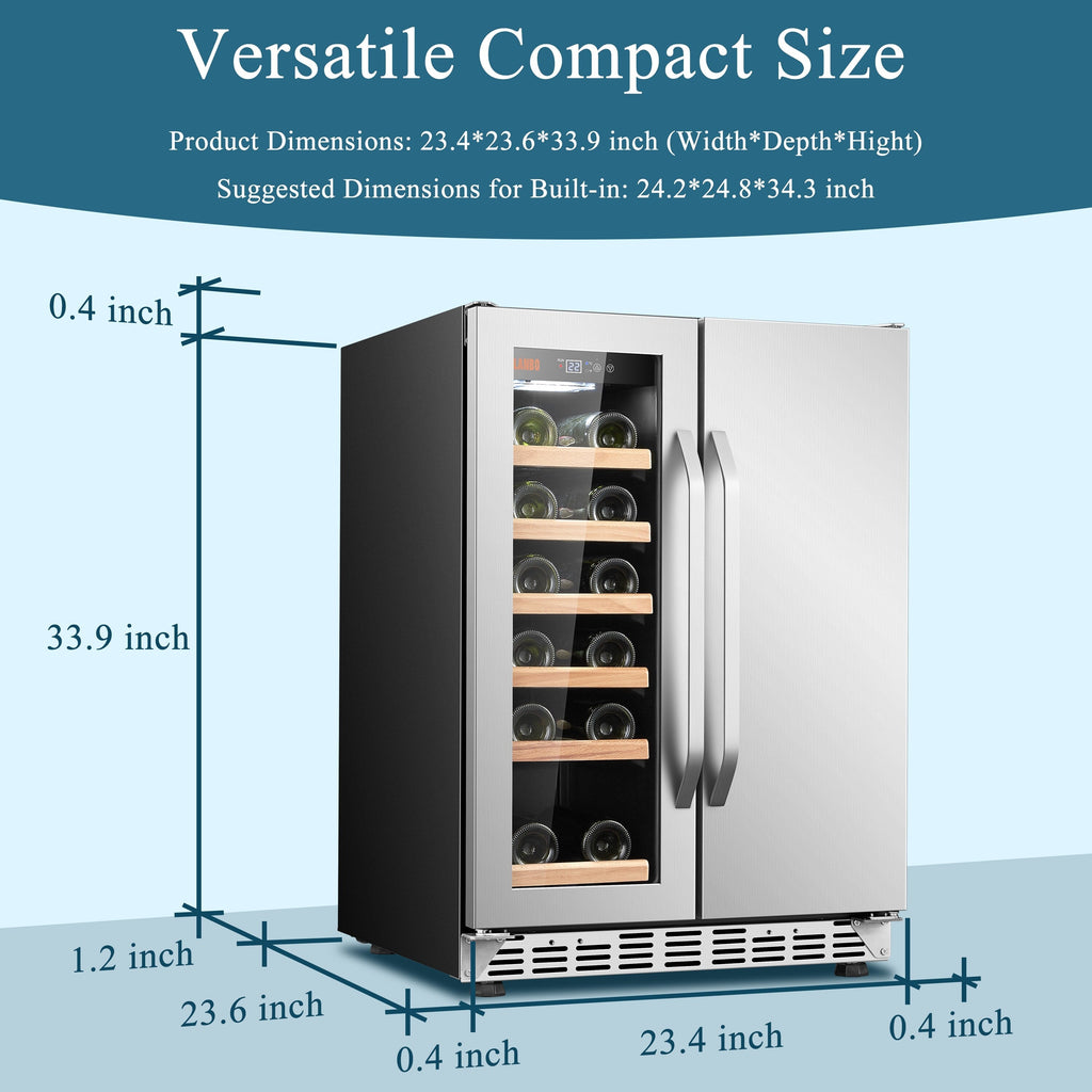 Lanbo Réfrigérateur à vin et à boissons de 24 pouces à double zone, pouvant contenir 18 bouteilles de vin et 55 canettes, en acier inoxydable et verre avec porte à ouverture française.