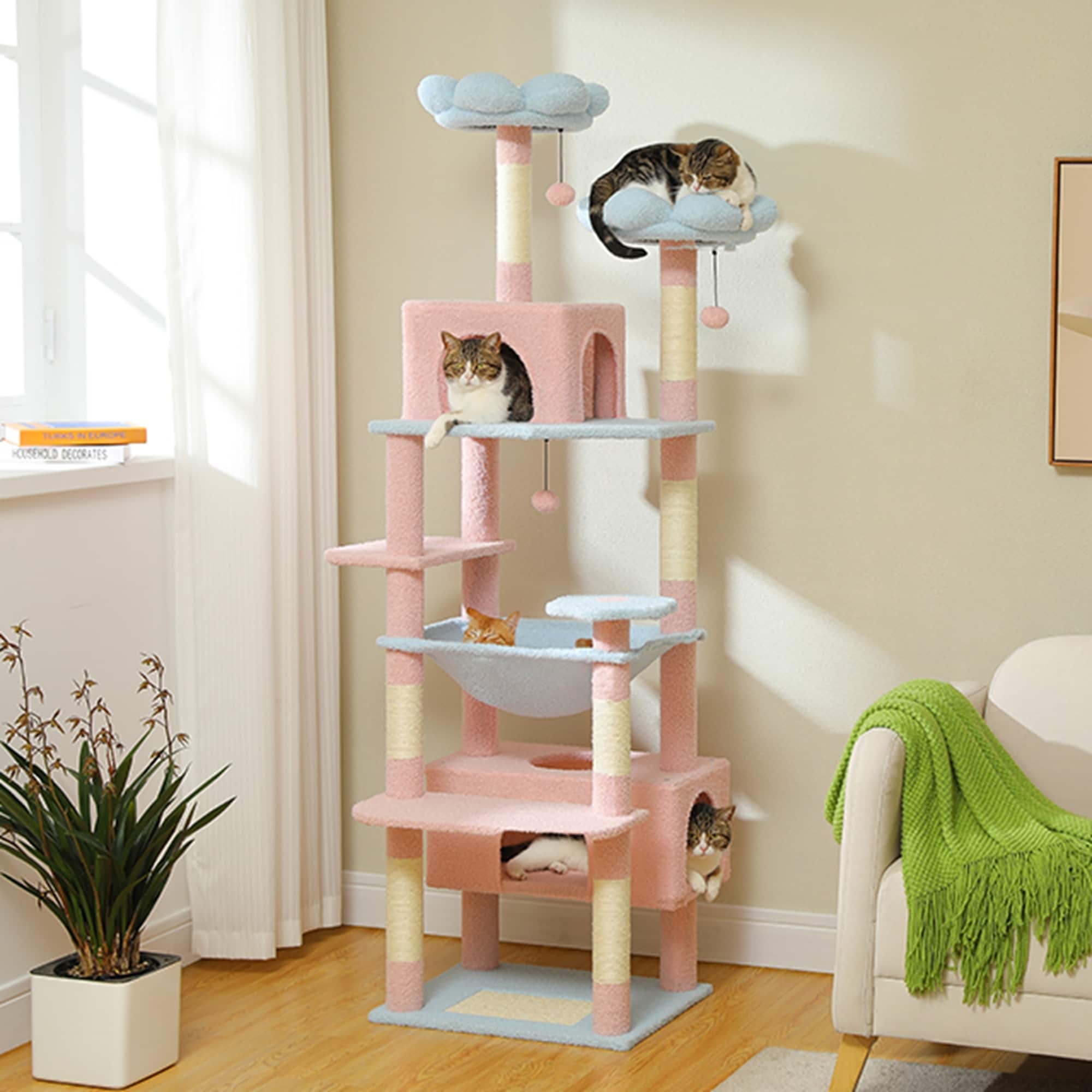 Grand arbre à chat, condo pour chat avec poteaux et coussins à gratter, 2 perchoirs rembourrés, double condo et panier.