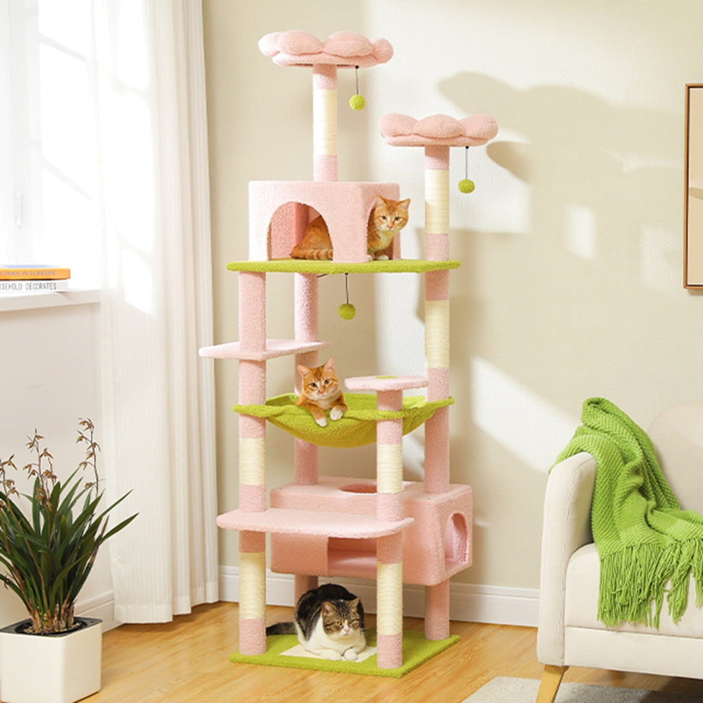Grand arbre à chat, condo pour chat avec poteaux et coussins à gratter, 2 perchoirs rembourrés, double condo et panier.