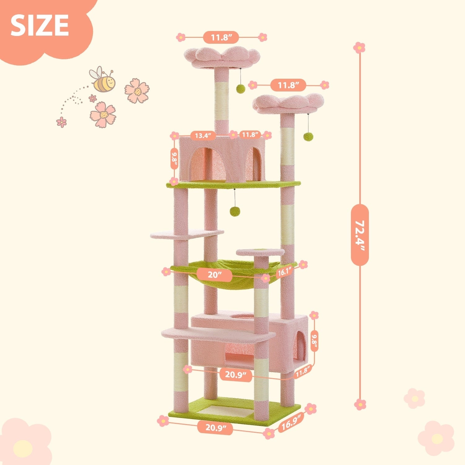 Grand arbre à chat, condo pour chat avec poteaux et coussins à gratter, 2 perchoirs rembourrés, double condo et panier.