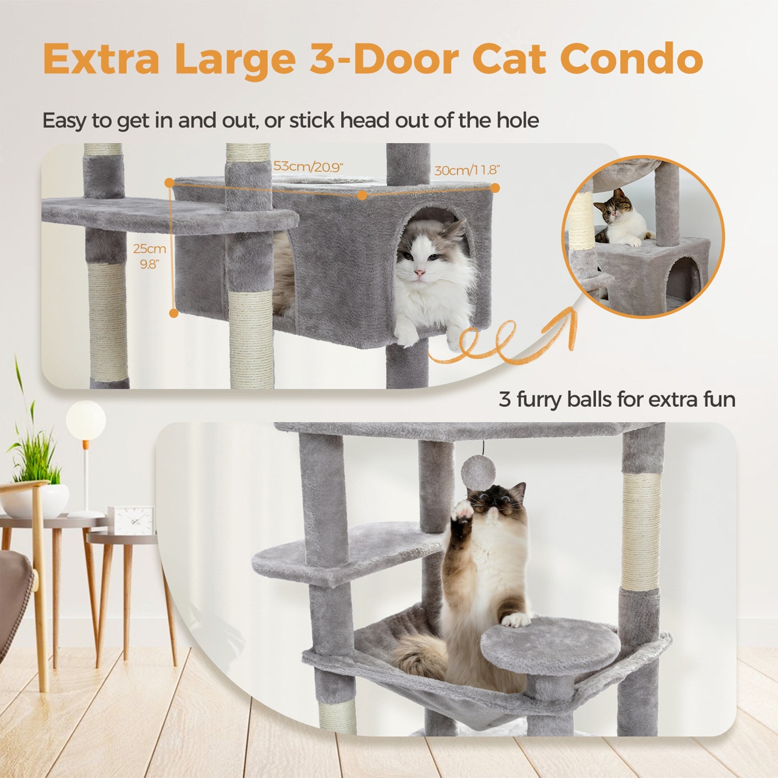 Grand arbre à chat, condo pour chat avec poteaux et coussins à gratter, 2 perchoirs rembourrés, double condo et panier.