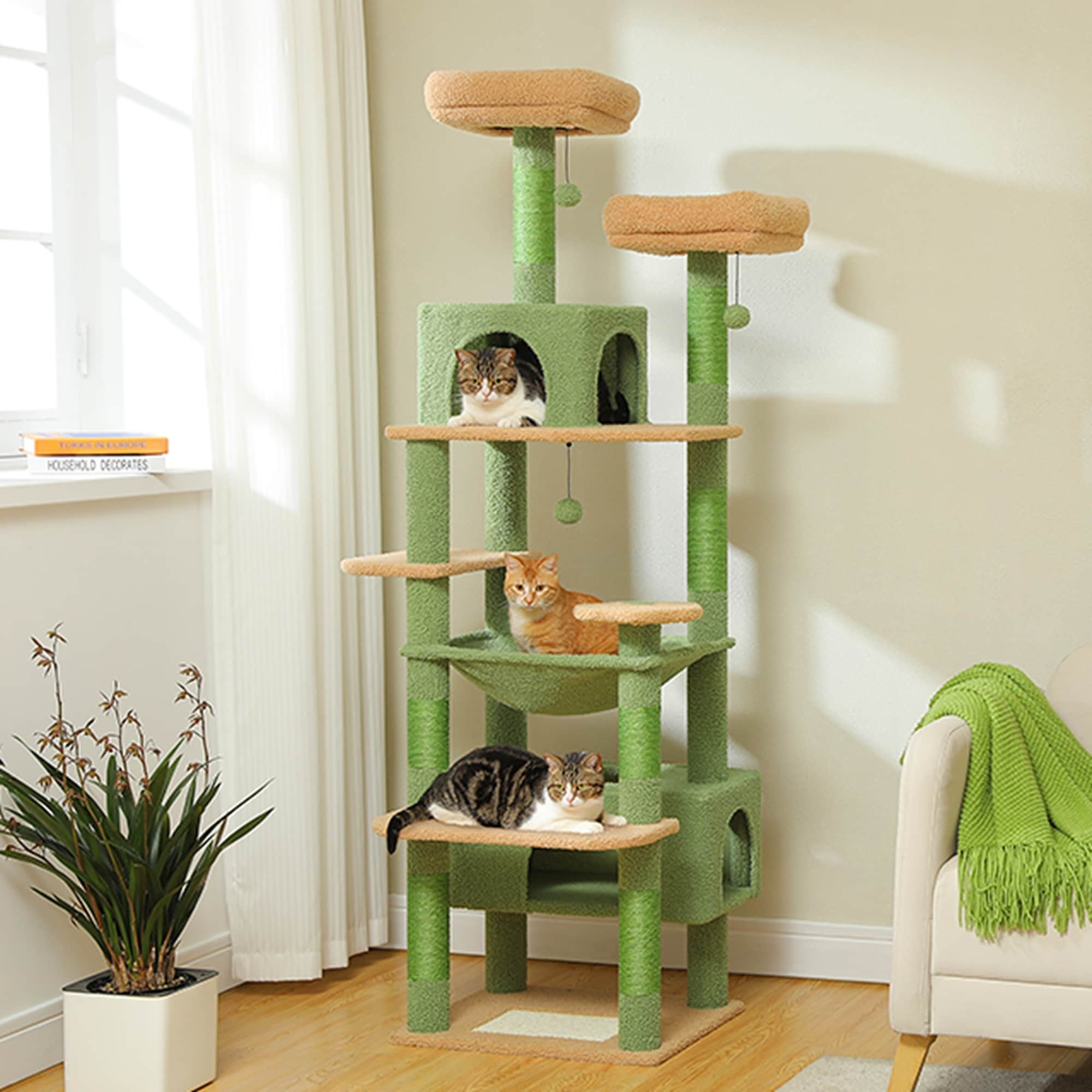 Grand arbre à chat, condo pour chat avec poteaux et coussins à gratter, 2 perchoirs rembourrés, double condo et panier.