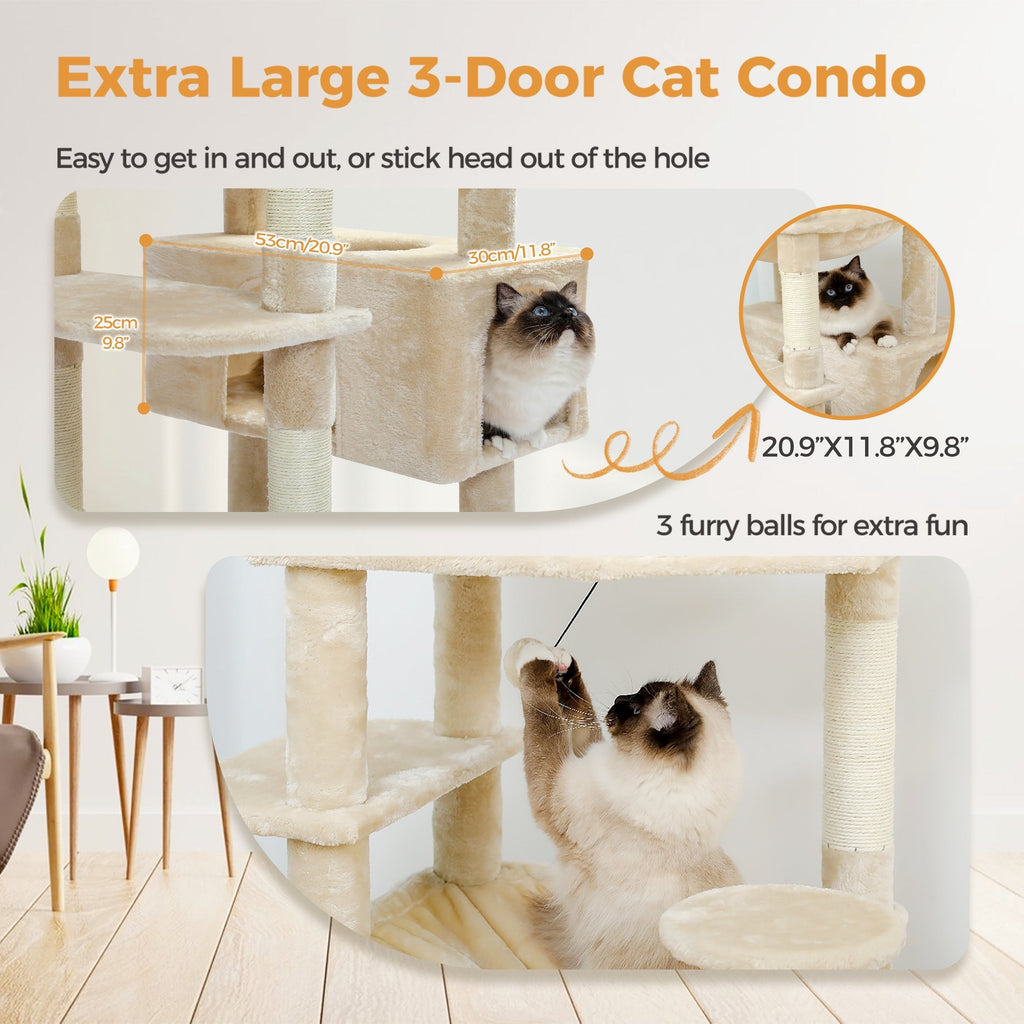 Grand arbre à chat, condo pour chat avec poteaux et coussins à gratter, 2 perchoirs rembourrés, double condo et panier.