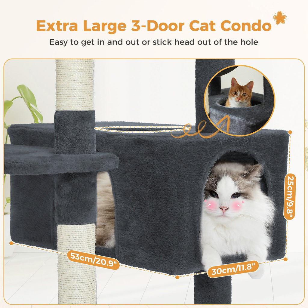 Grand arbre à chat, condo pour chat avec poteaux et coussins à gratter, 2 perchoirs rembourrés, double condo et panier.