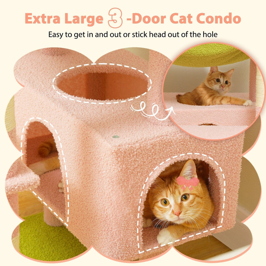 Grand arbre à chat, condo pour chat avec poteaux et coussins à gratter, 2 perchoirs rembourrés, double condo et panier.
