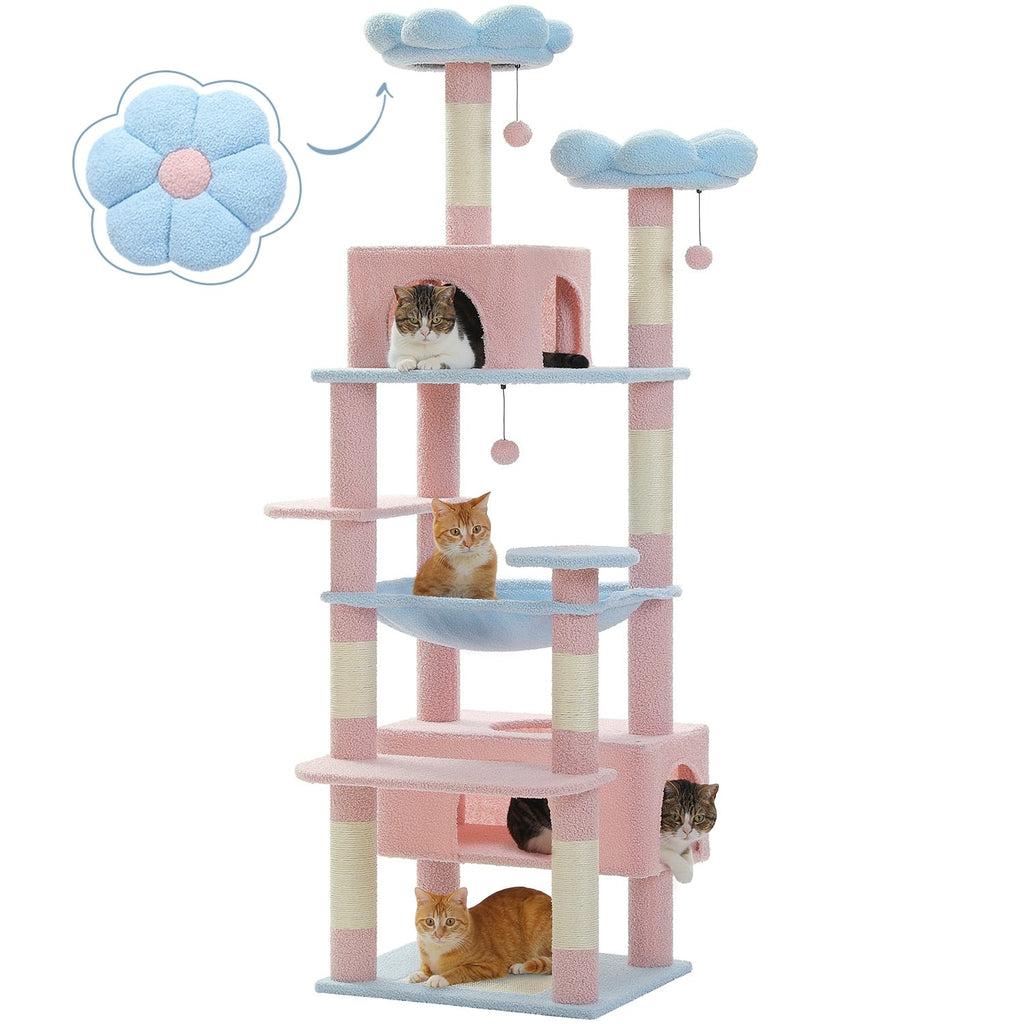 Grand arbre à chat, condo pour chat avec poteaux et coussins à gratter, 2 perchoirs rembourrés, double condo et panier.
