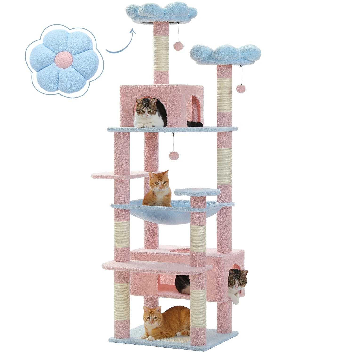 Grand arbre à chat, condo pour chat avec poteaux et coussins à gratter, 2 perchoirs rembourrés, double condo et panier.