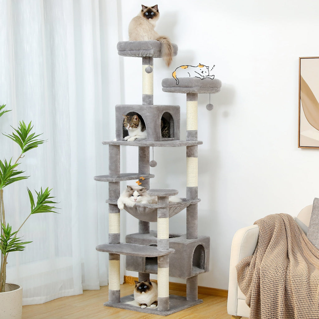 Grand arbre à chat, condo pour chat avec poteaux et coussins à gratter, 2 perchoirs rembourrés, double condo et panier.