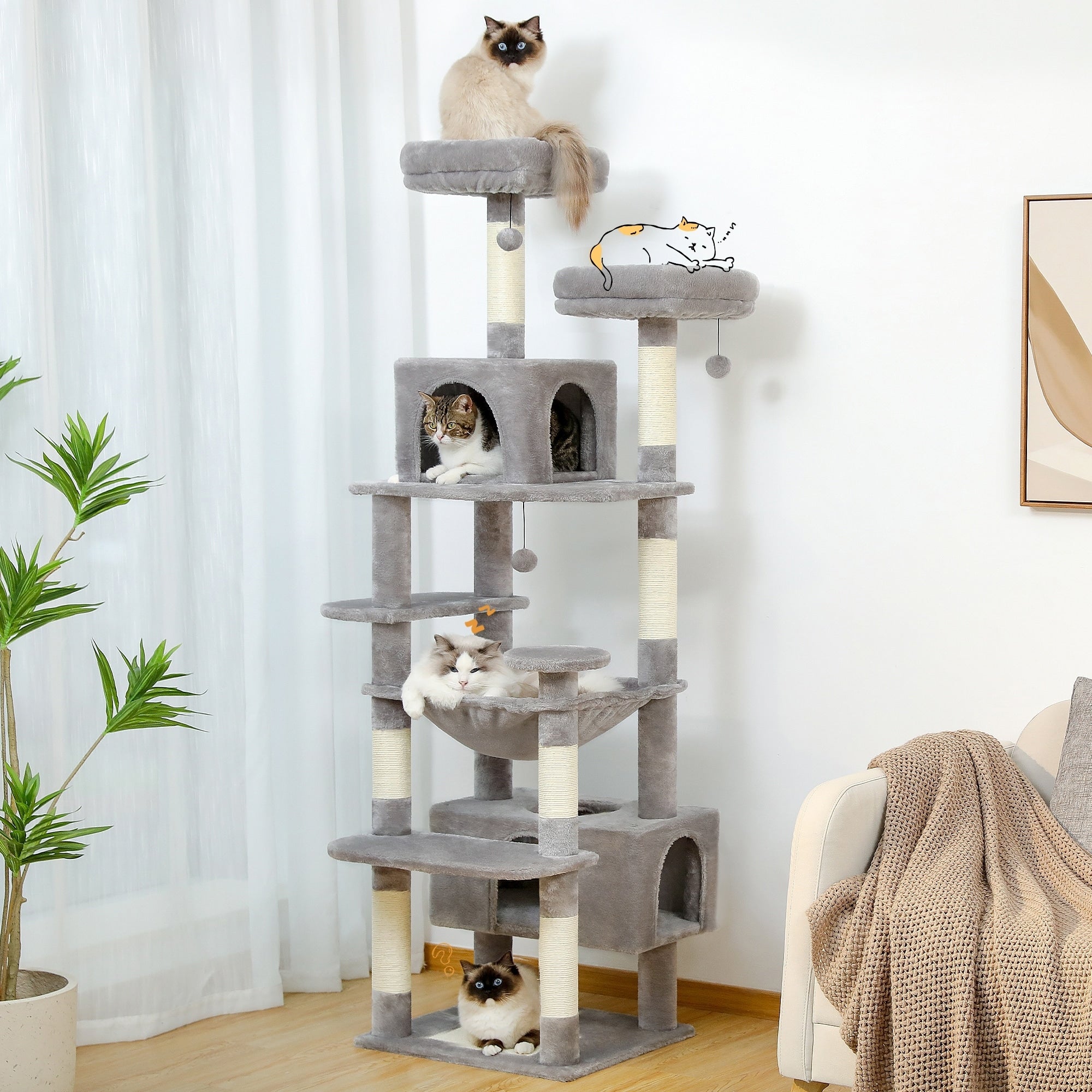 Grand arbre à chat, condo pour chat avec poteaux et coussins à gratter, 2 perchoirs rembourrés, double condo et panier.