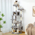 Grand arbre à chat, condo pour chat avec poteaux et coussins à gratter, 2 perchoirs rembourrés, double condo et panier.