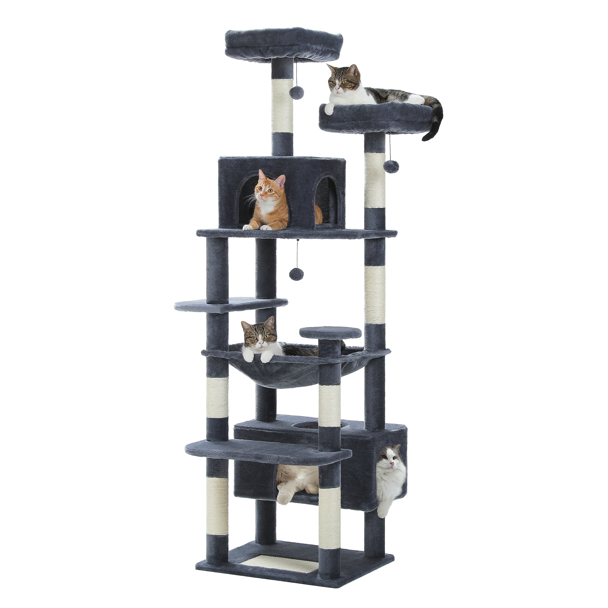 Grand arbre à chat, condo pour chat avec poteaux et coussins à gratter, 2 perchoirs rembourrés, double condo et panier.