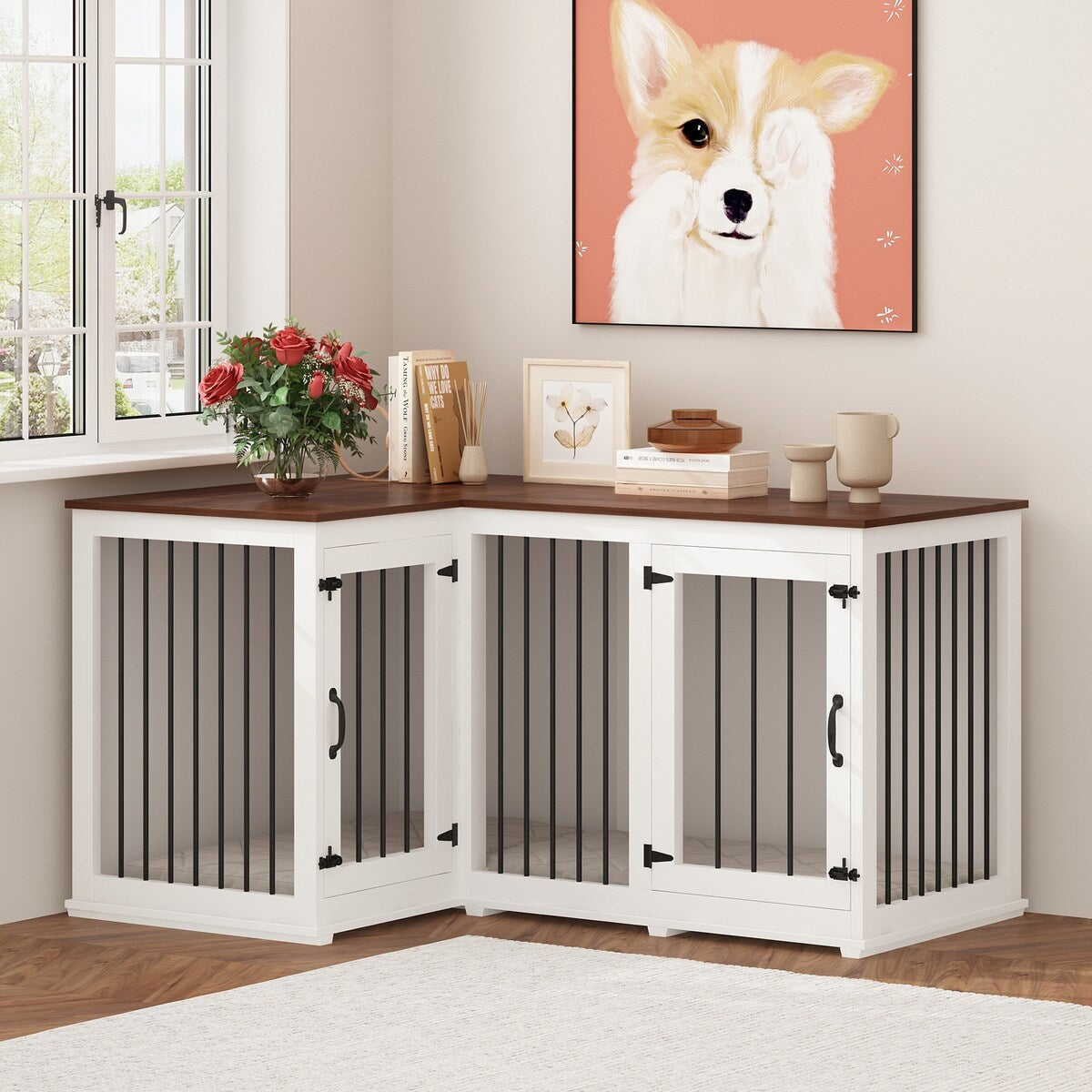 Grande niche pour chien d'angle, meuble pour 2 chiens, cage pour chien en forme de L - 58.7X41.1