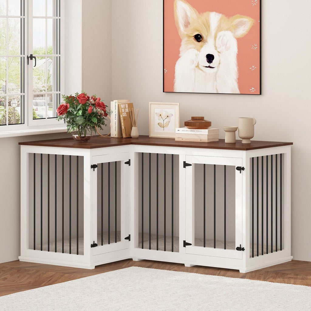 Grande niche pour chien d'angle, meuble pour 2 chiens, cage pour chien en forme de L - 58.7X41.1