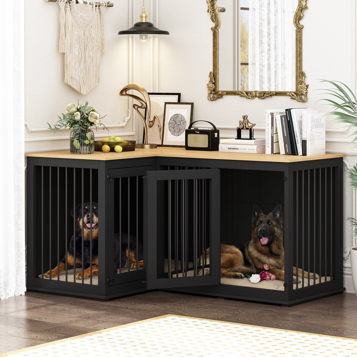 Grande niche pour chien d'angle, meuble pour 2 chiens, cage pour chien en forme de L - 58.7X41.1