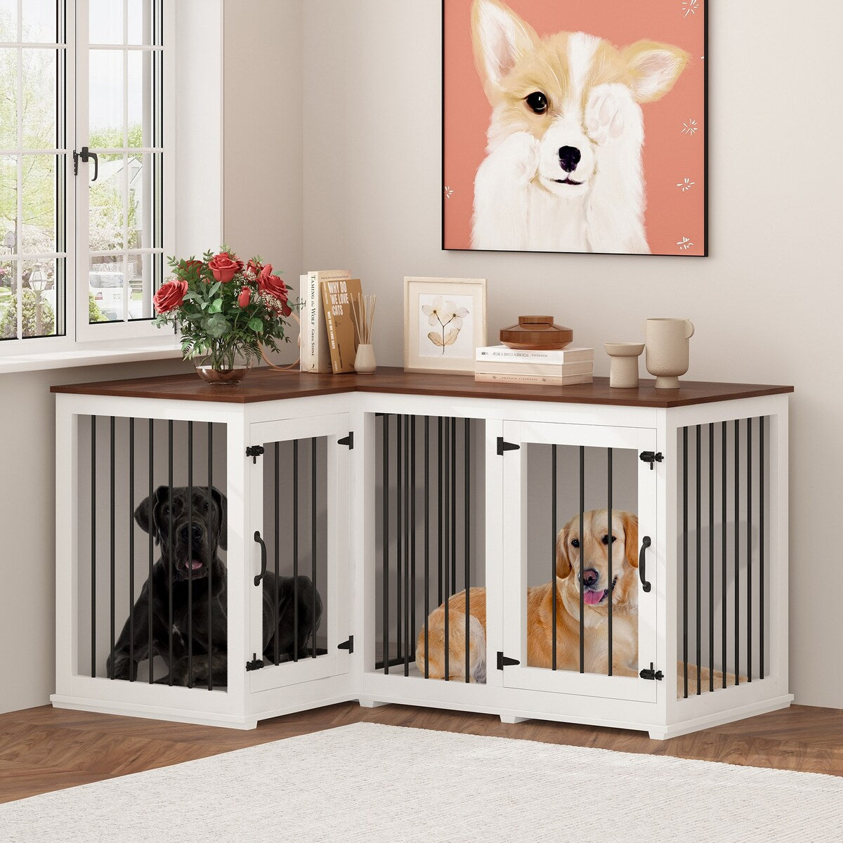 Grande niche pour chien d'angle, meuble pour 2 chiens, cage pour chien en forme de L - 58.7X41.1