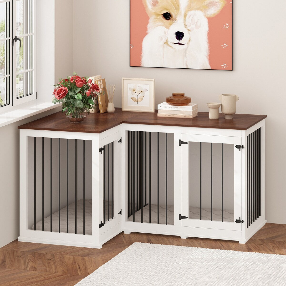 Grande niche pour chien d'angle, meuble pour 2 chiens, cage pour chien en forme de L - 58.7X41.1