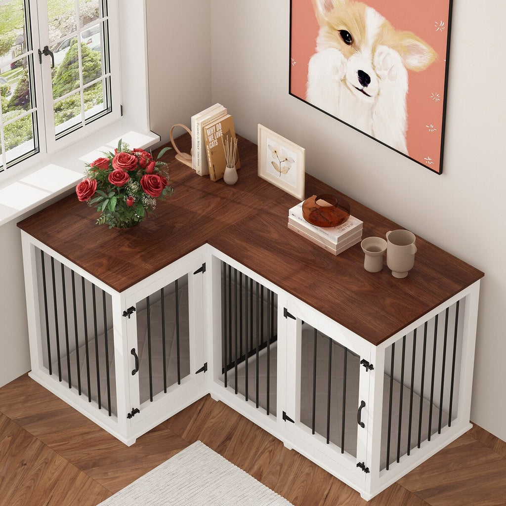 Grande niche pour chien d'angle, meuble pour 2 chiens, cage pour chien en forme de L - 58.7X41.1