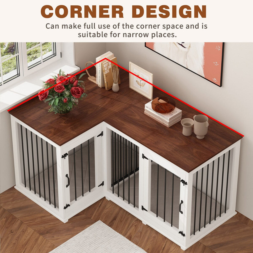 Grande niche pour chien d'angle, meuble pour 2 chiens, cage pour chien en forme de L - 58.7X41.1