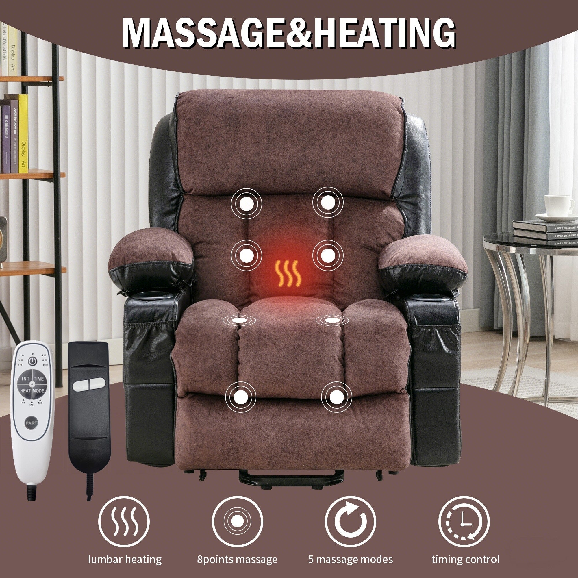 Grand fauteuil releveur électrique inclinable avec fonction chauffante et massage 8 points - Télécommande, port USB